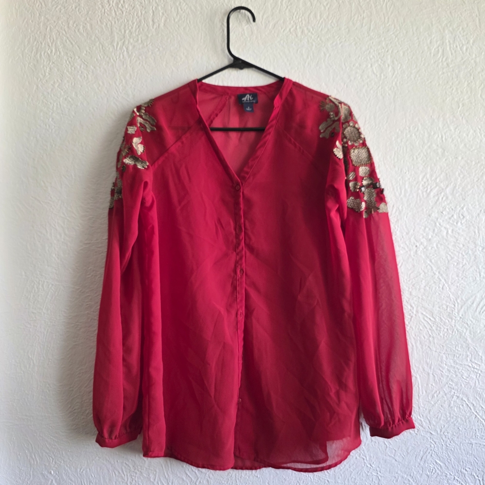 Alfani Red Sheer V-Neck Blouse with Gold Shoulder Embroidery